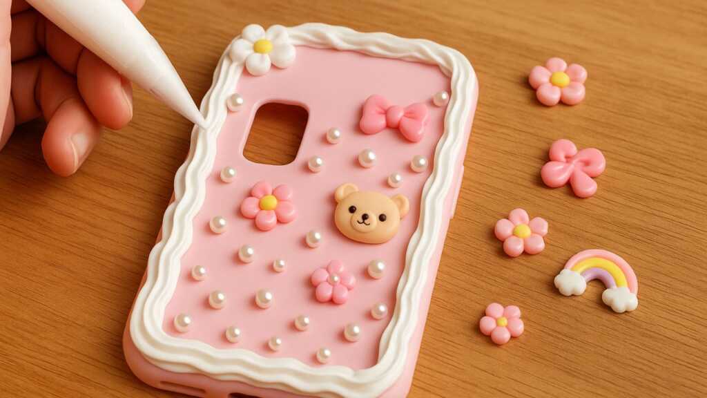 pink Decoden Art with cute bear, pearl, flowers etc.,