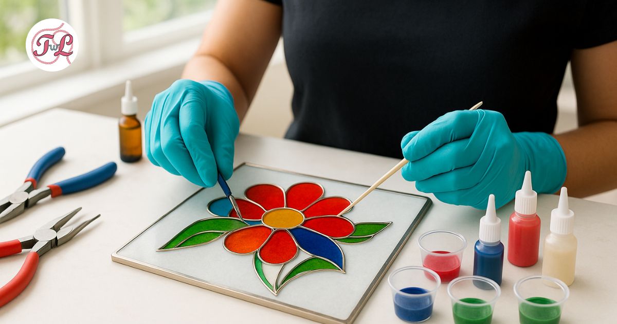 In a sun-lit studio, an beginner artisan wearing teal gloves carefully fills a silver-outlined flower design on a square metal panel with bright resin colors; pliers, bottles of tint, and small cups of red, blue, and green resin rest on the light tabletop around the artwork.
