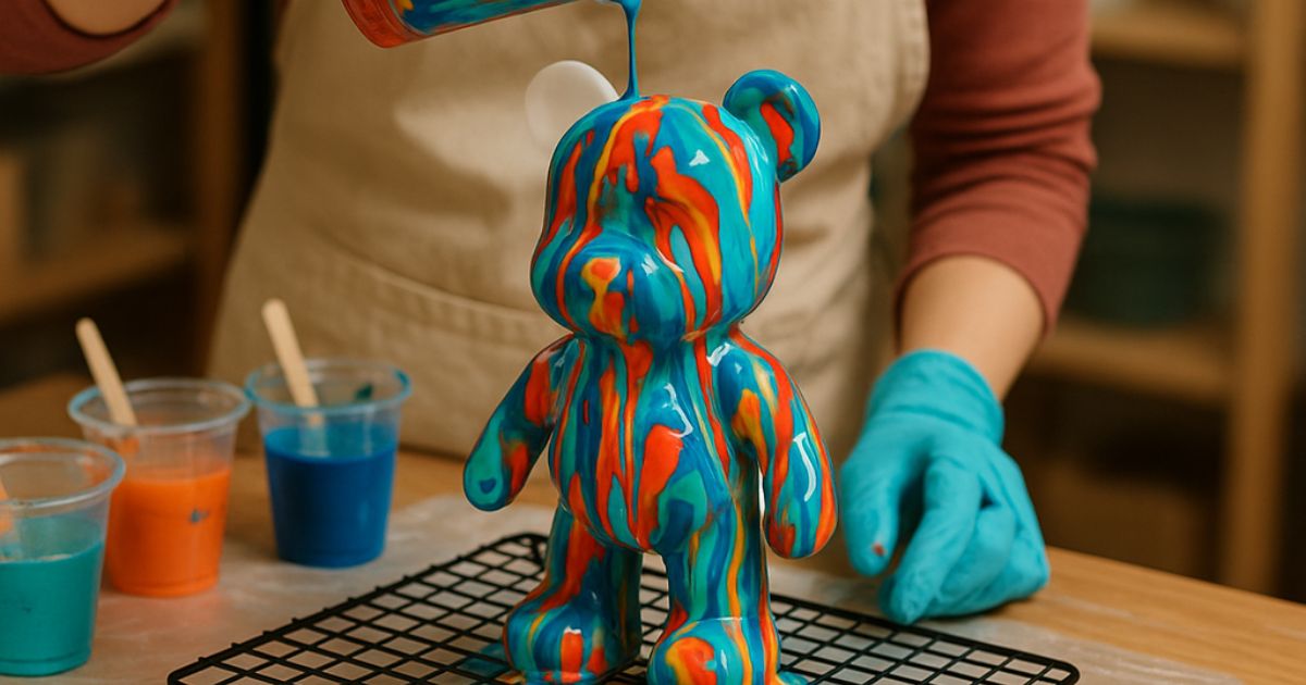 person poring blue paint on a bear in fluid bear art workshop